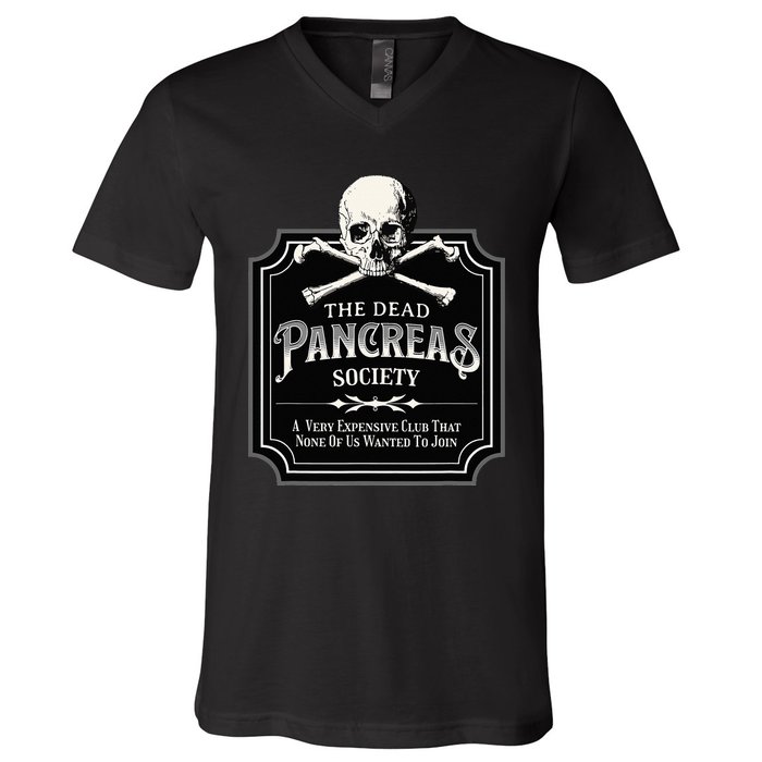 Dead Pancreas Society Type One Diabetes T1D Awareness Skull V-Neck T-Shirt