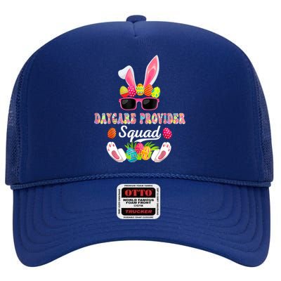 Daycare Provider Squad Costume Bunny Sunglasses Easter Eggs High Crown Mesh Back Trucker Hat