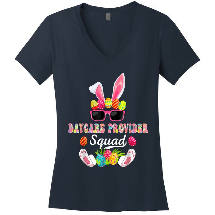 Daycare Provider Squad Costume Bunny Sunglasses Happy Easter Eggs Women's V-Neck T-Shirt