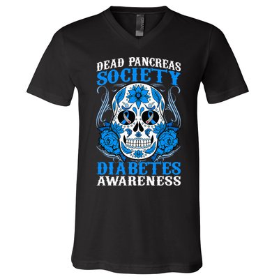 Dead Pancreas Society Type 1 Diabetes Awareness Sugar Skull V-Neck T-Shirt