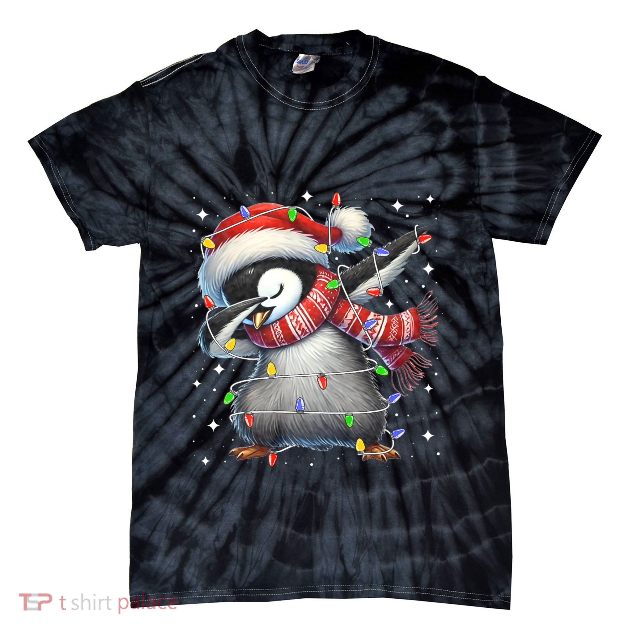 Dabbing Penguin Santa Christmas Lights Tie-Dye T-Shirt