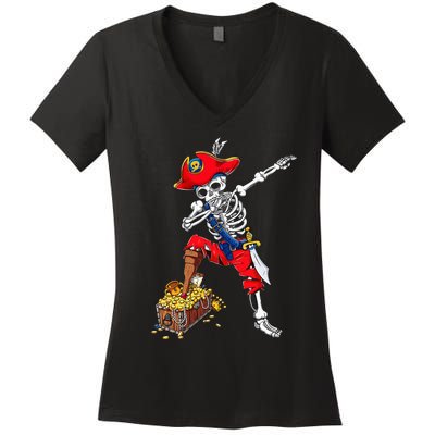 Dabbing Pirate Skeleton Dab Kids Halloween Costume Gift Women's V-Neck T-Shirt