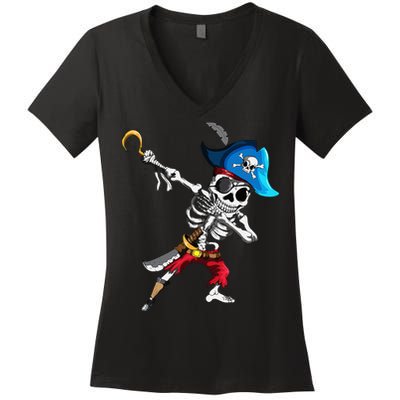 Dabbing Pirates Skeleton Eye Flap Pirate Ship Halloween Women's V-Neck T-Shirt