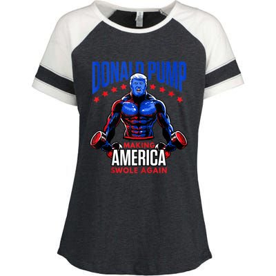 Donald Pump Swole America Trump Weight Lifting Gym Fitness Enza Ladies Jersey Colorblock Tee