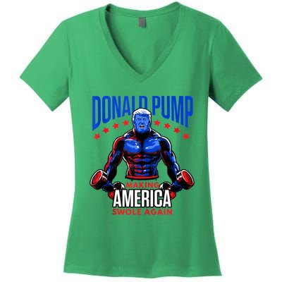 Donald Pump Swole America Trump Weight Lifting Gym Fitness Women's V-Neck T-Shirt