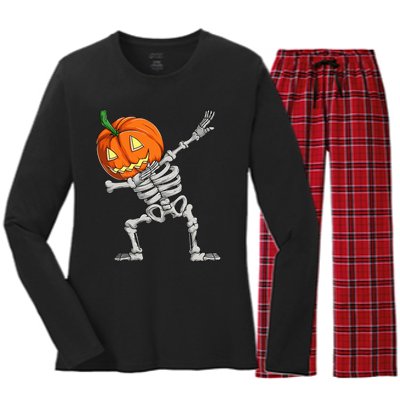 Dabbing Pumpkin Skeleton Halloween Dab Dance Skull Women's Long Sleeve Flannel Pajama Set 