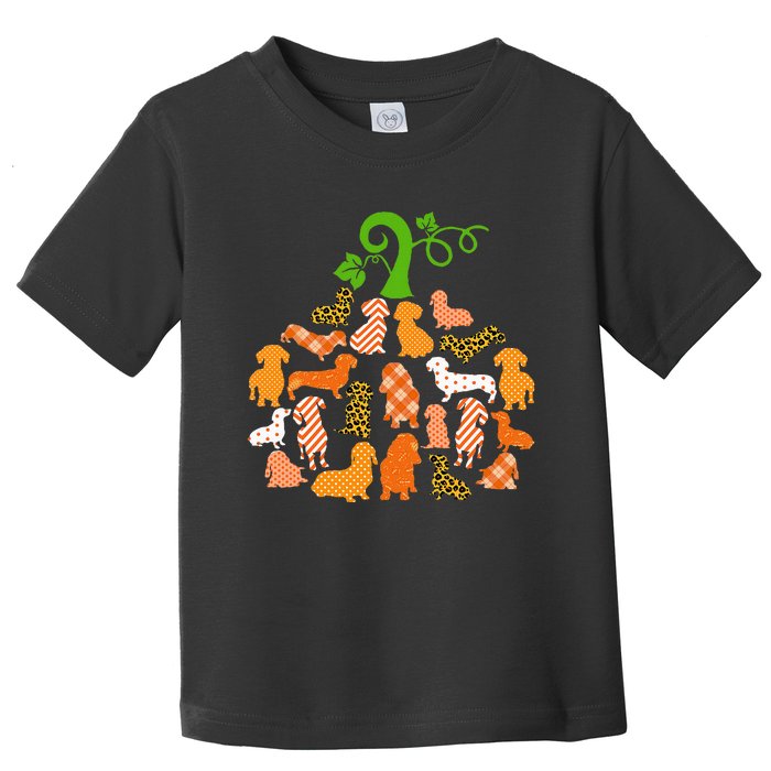 Dachshund Pumpkin Shape Plaid Leopard Dog Autumn Halloween Toddler T-Shirt