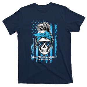 Dead Pancreas Society Diabetes Awareness Skull Messy Bun T-Shirt