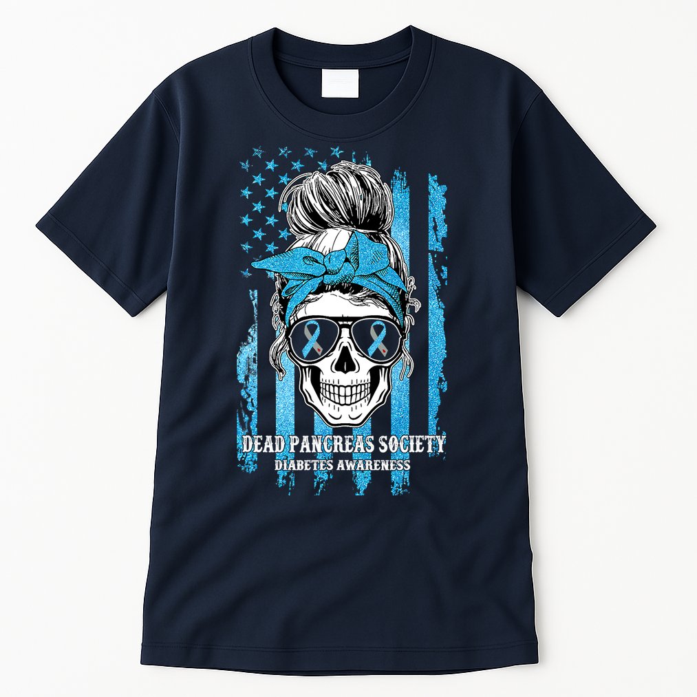 Dead Pancreas Society Diabetes Awareness Skull Messy Bun Tall T-Shirt