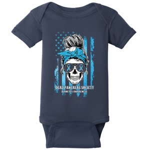 Dead Pancreas Society Diabetes Awareness Skull Messy Bun Baby Bodysuit