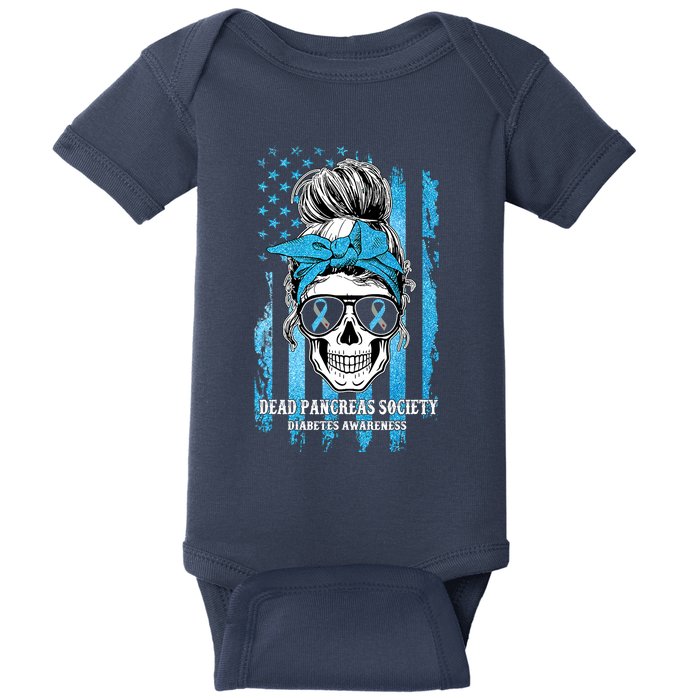 Dead Pancreas Society Diabetes Awareness Skull Messy Bun Baby Bodysuit