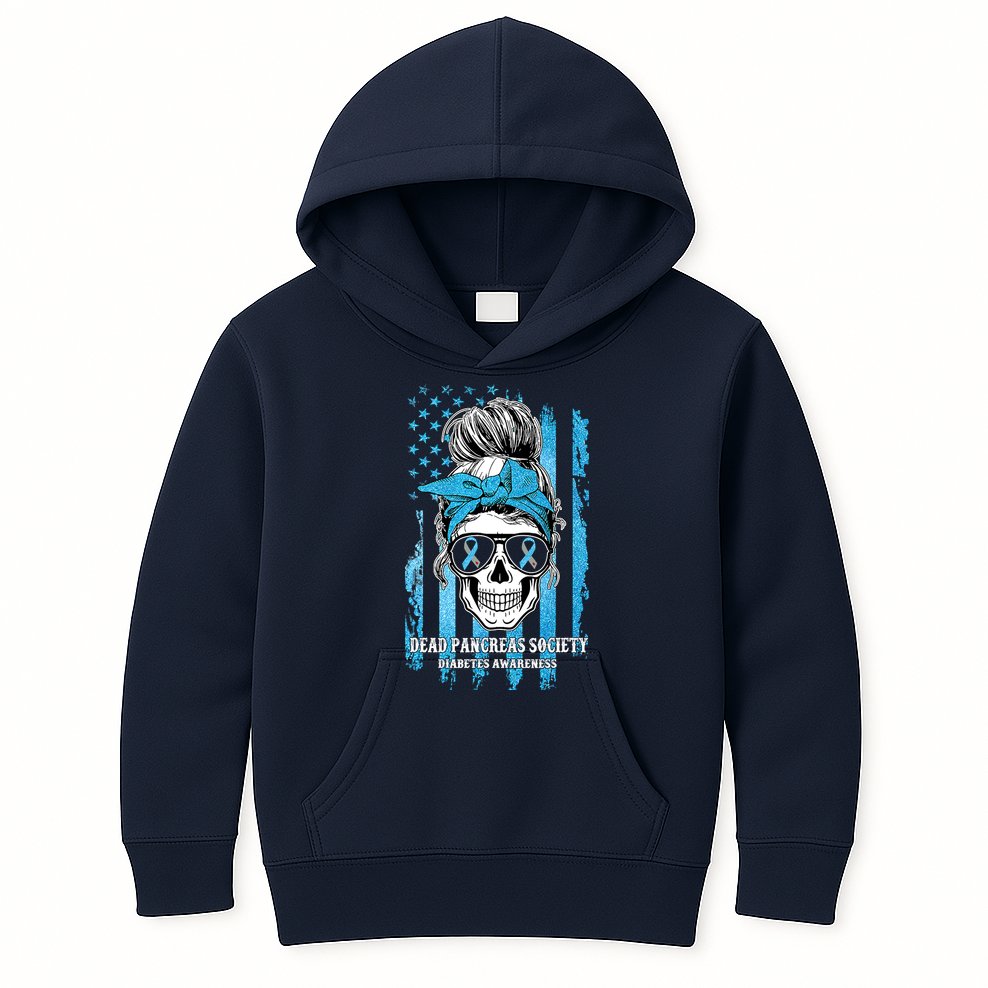 Dead Pancreas Society Diabetes Awareness Skull Messy Bun Kids Hoodie
