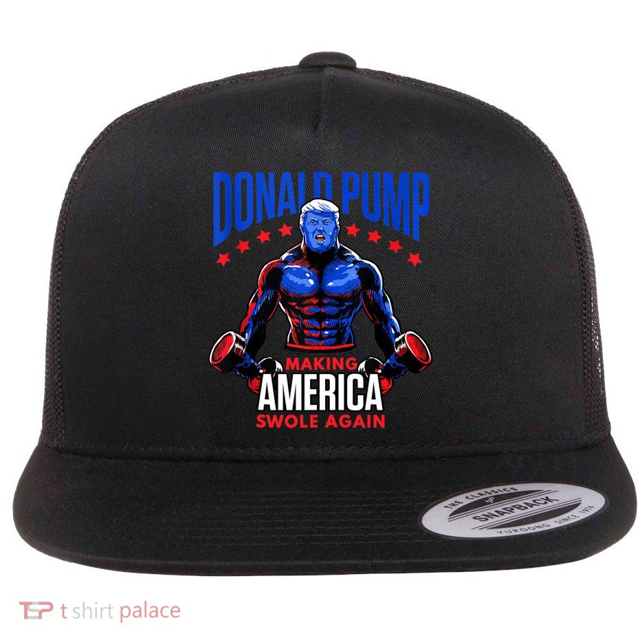 Donald Pump Swole America Gift Trump Weight Lifting Gym Fitness Flat Bill Trucker Hat