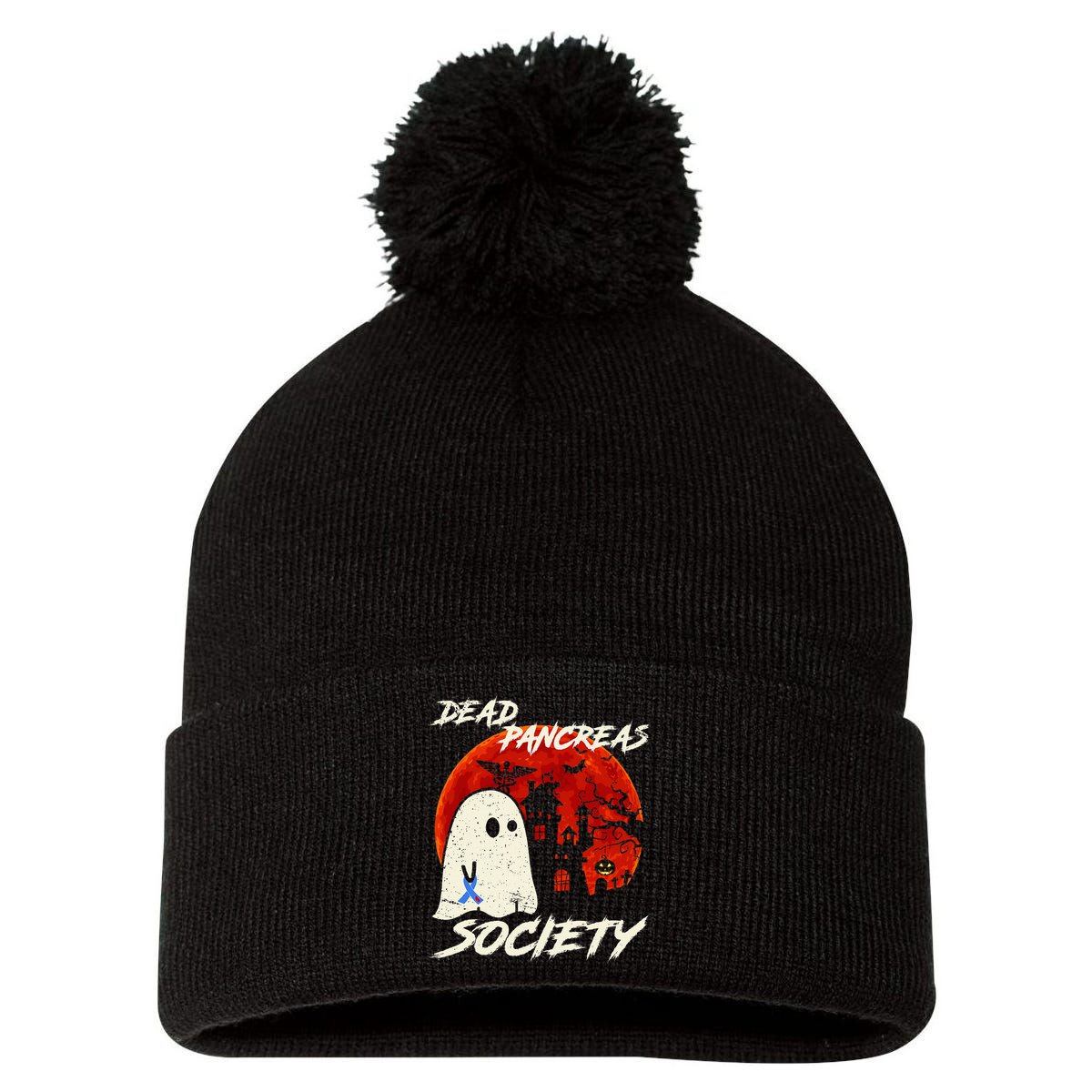 Dead Pancreas Society Ghost Diabetes Awareness Halloween Pom Pom 12in Knit Beanie