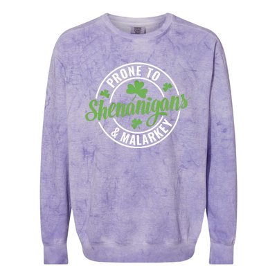 Distressed Prone To Shenanigans And Malarkey St Patricks Day Funny Gift Colorblast Crewneck Sweatshirt