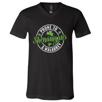 Distressed Prone To Shenanigans And Malarkey St Patricks Day Funny Gift V-Neck T-Shirt