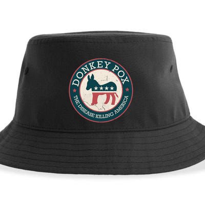 Donkey Pox The Disease Killing America Funny Meme Round Blue And Red With White Sustainable Bucket Hat