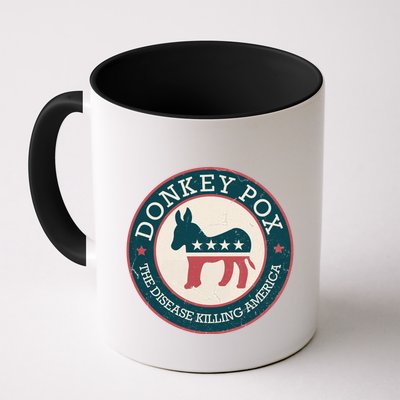 Donkey Pox The Disease Killing America Funny Meme Round Blue And Red With White Mug