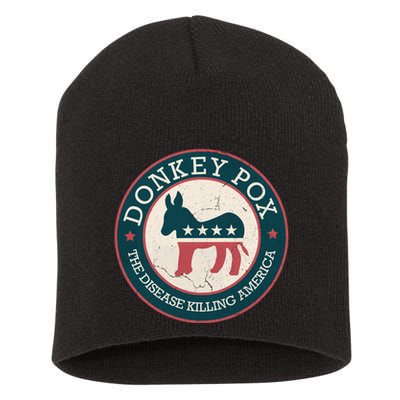 Donkey Pox The Disease Killing America Funny Meme Round Blue And Red With White Short Acrylic Beanie