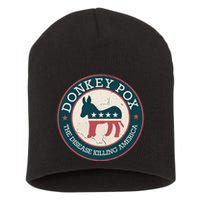 Donkey Pox The Disease Killing America Funny Meme Round Blue And Red With White Short Acrylic Beanie