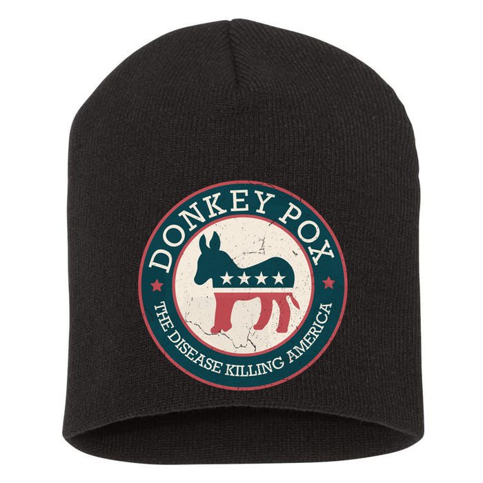 Donkey Pox The Disease Killing America Funny Meme Round Blue And Red With White Short Acrylic Beanie