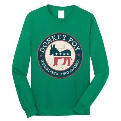 Donkey Pox The Disease Killing America Funny Meme Round Blue And Red With White Long Sleeve Shirt
