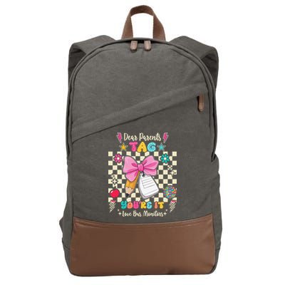 Dear Parents Tag Youre It Love Bus Monitors Coquette Bow Cotton Canvas Backpack