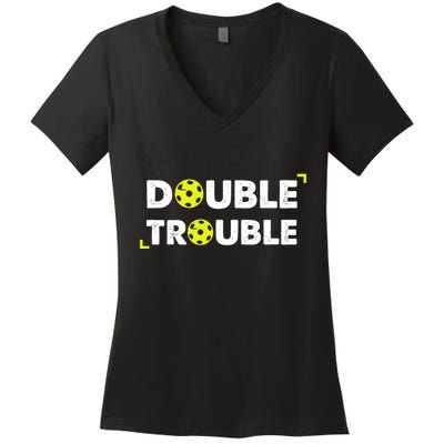 Double Pickleball Trouble Pickle Ball Pickle Ball Player Women's V-Neck T-Shirt