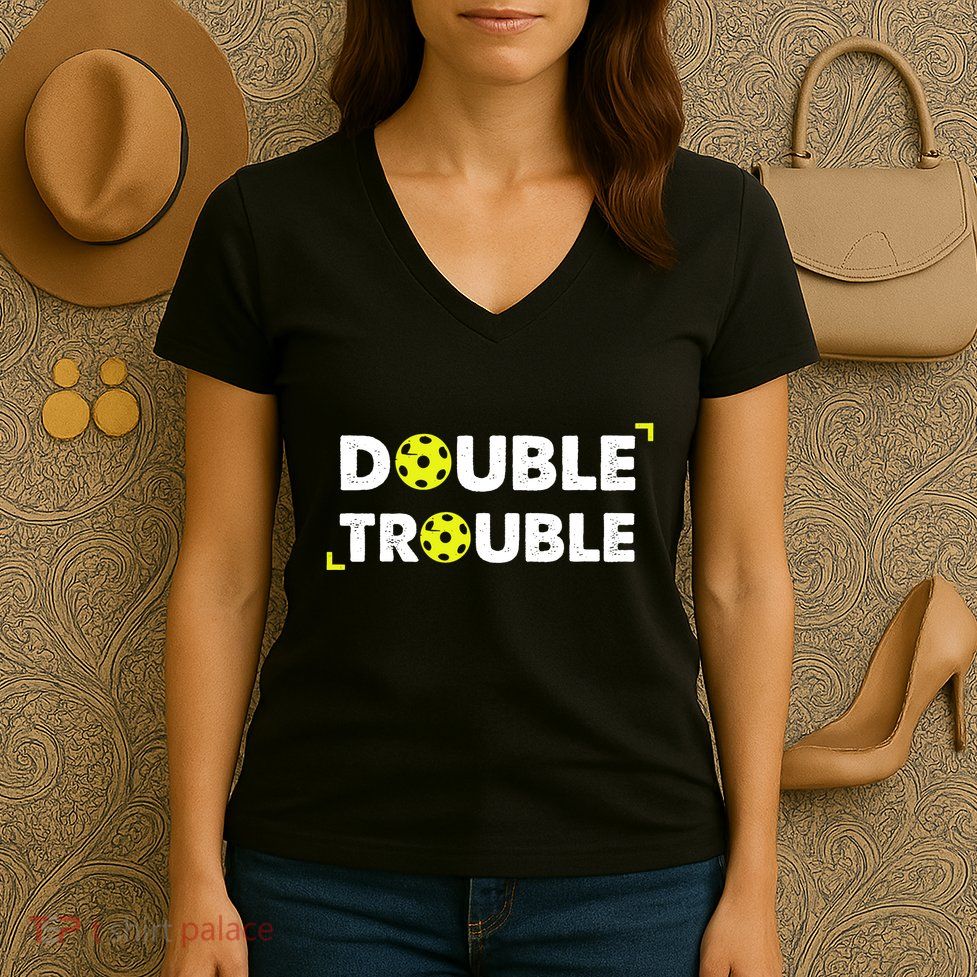 Double Pickleball Trouble Pickle Ball Pickle Ball Player Women's V-Neck T-Shirt