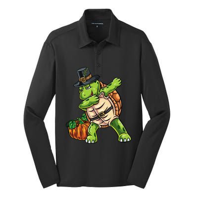 Dabbing Pilgrim Turtle Thanksgiving Cool Gift Silk Touch Performance Long Sleeve Polo