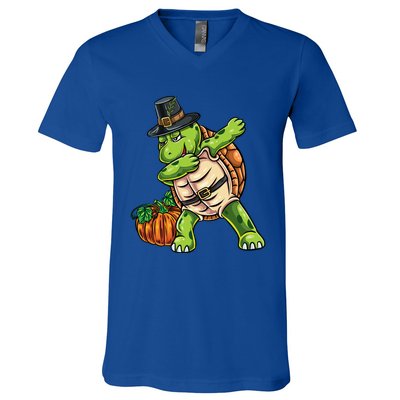 Dabbing Pilgrim Turtle Thanksgiving Cool Gift V-Neck T-Shirt