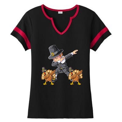 Dabbing Pilgrim Turkey Thanksgiving Day Funny Dab Gift Ladies Halftime Notch Neck Tee