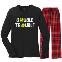 Double Pickleball Trouble Pickle Ball Matching Women's Long Sleeve Flannel Pajama Set 