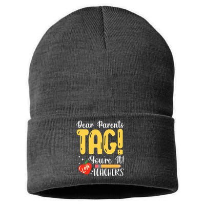 Dear Parents Tag Youre It Love Teachers Summer Funny Sustainable Knit Beanie