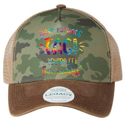 Dear Parents Tag Youre It Love Teacher Groovy Funny Teacher Legacy Tie Dye Trucker Hat