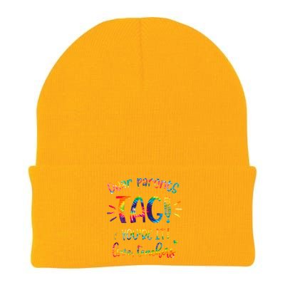 Dear Parents Tag Youre It Love Teacher Groovy Funny Teacher Knit Cap Winter Beanie