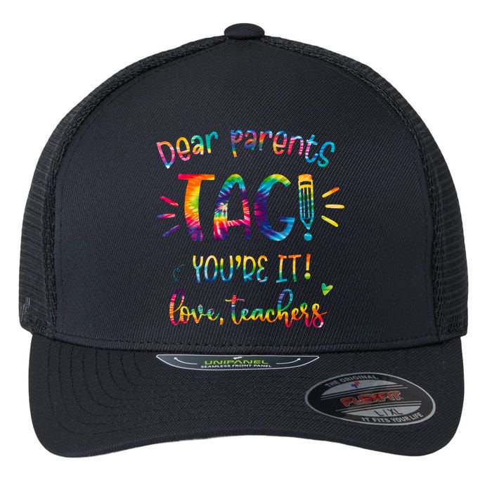 Dear Parents Tag Youre It Love Teacher Groovy Funny Teacher Flexfit Unipanel Trucker Cap