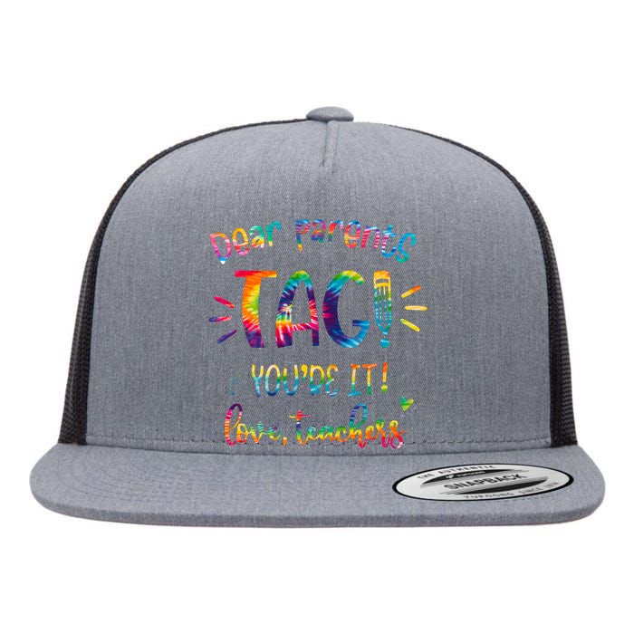 Dear Parents Tag Youre It Love Teacher Groovy Funny Teacher Flat Bill Trucker Hat