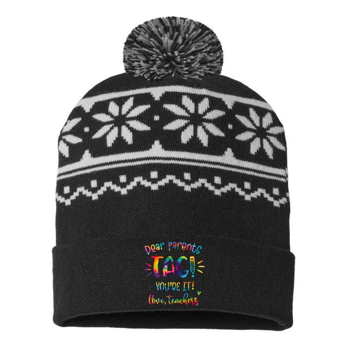 Dear Parents Tag Youre It Love Teacher Groovy Funny Teacher USA-Made Snowflake Beanie