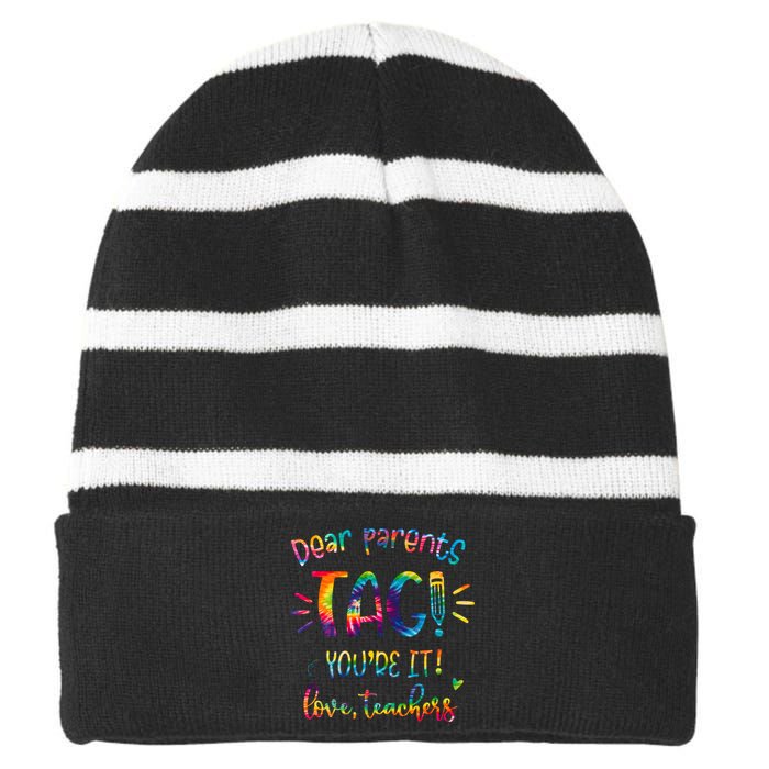 Dear Parents Tag Youre It Love Teacher Groovy Funny Teacher Striped Beanie with Solid Band