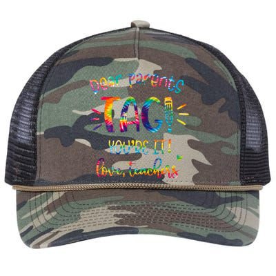 Dear Parents Tag Youre It Love Teacher Groovy Funny Teacher Retro Rope Trucker Hat Cap