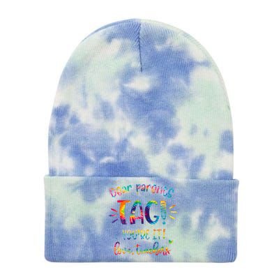 Dear Parents Tag Youre It Love Teacher Groovy Funny Teacher Tie Dye 12in Knit Beanie