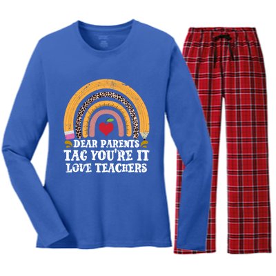 Dear Parents Tag Youre It Last Day School Teacher Rainbow Gift Women's Long Sleeve Flannel Pajama Set 