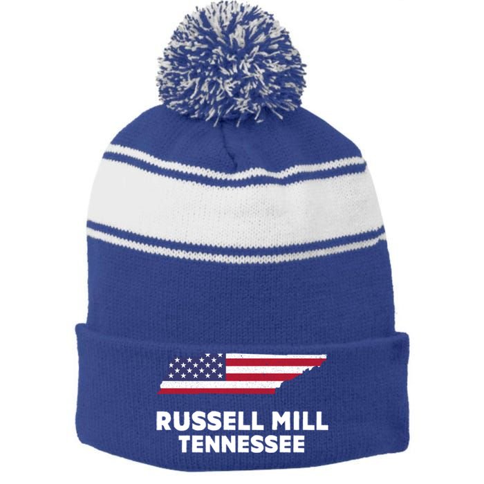 Distressed Patriotic Usa Flag Russell Mill Tennessee Cute Gift Stripe Pom Pom Beanie