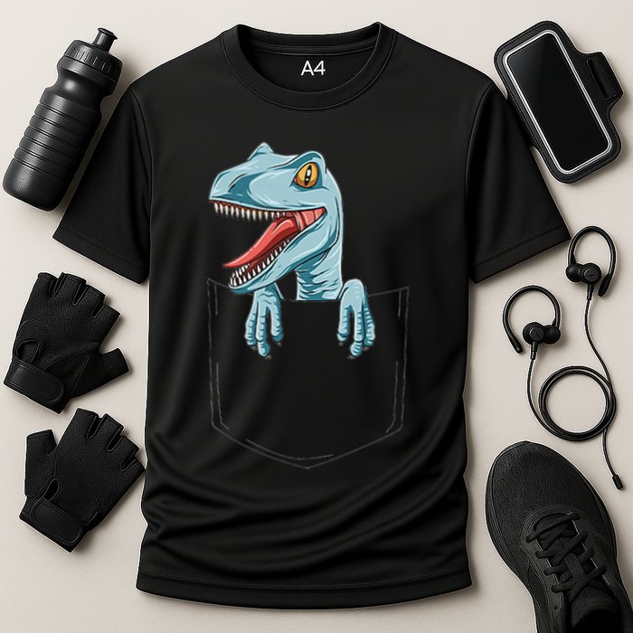 Dinosaur Pocket Velociraptor Peeking Out Pocket Dinosaur Cooling Performance Crew T-Shirt