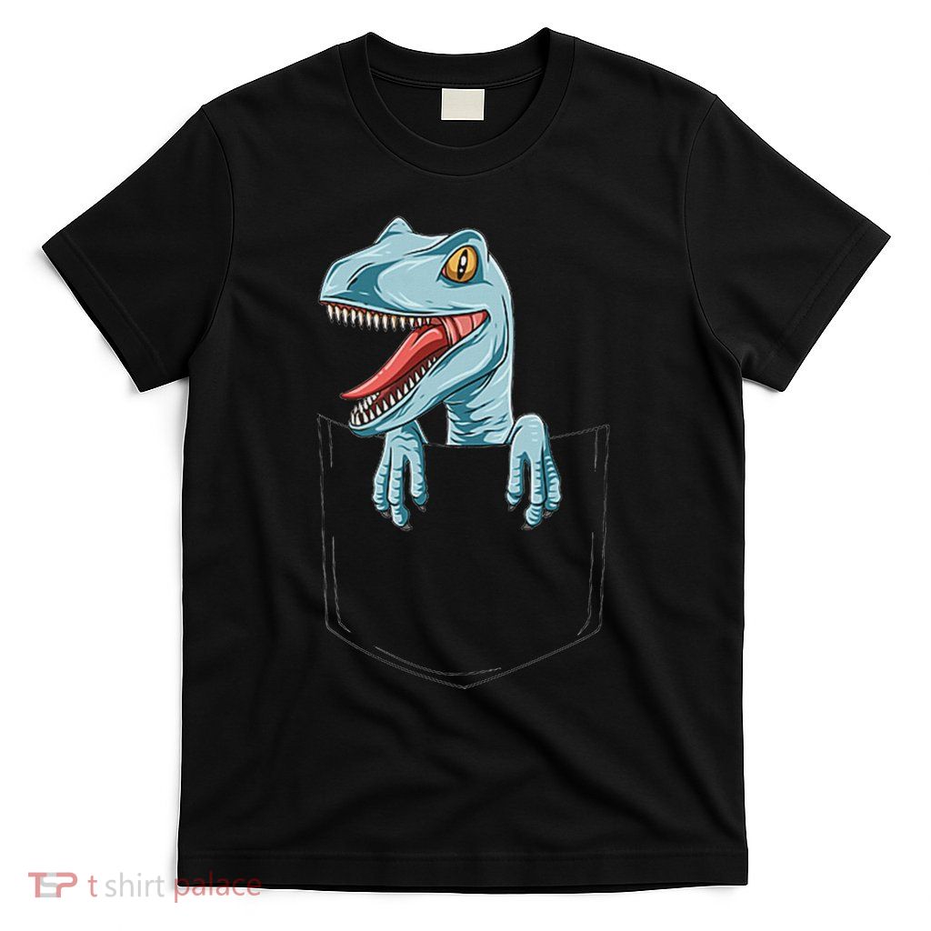 Dinosaur Pocket Velociraptor Peeking Out Pocket Dinosaur T-Shirt