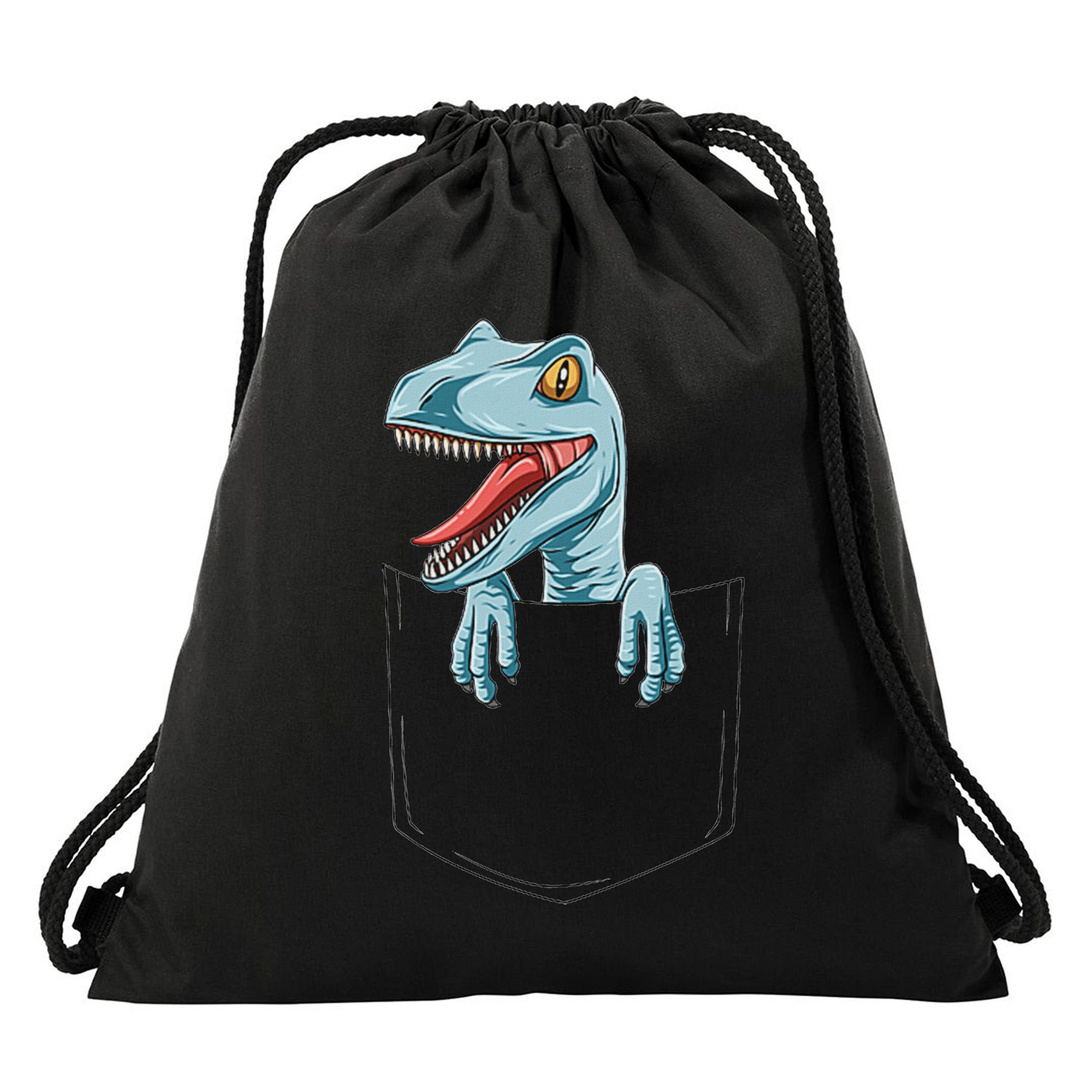 Dinosaur Pocket Velociraptor Peeking Out Pocket Dinosaur Drawstring Bag