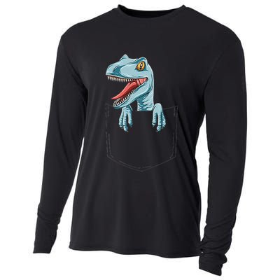 Dinosaur Pocket Velociraptor Peeking Out Pocket Dinosaur Cooling Performance Long Sleeve Crew