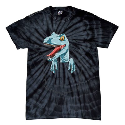 Dinosaur Pocket Velociraptor Peeking Out Pocket Dinosaur Tie-Dye T-Shirt