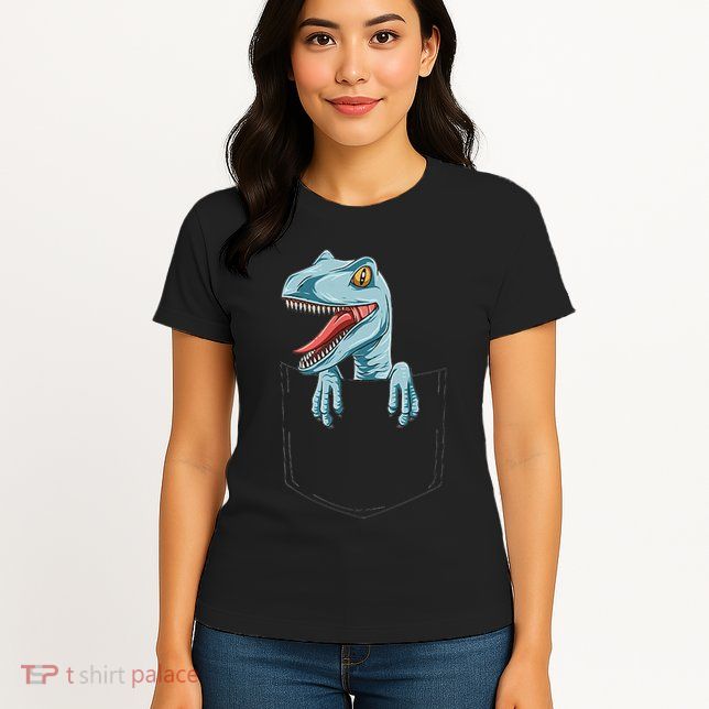 Dinosaur Pocket Velociraptor Peeking Out Pocket Dinosaur Womens T-Shirt